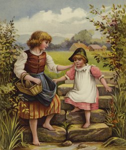 ストリームへの階段を下りて小さな女の子を助ける女の子 作： English School